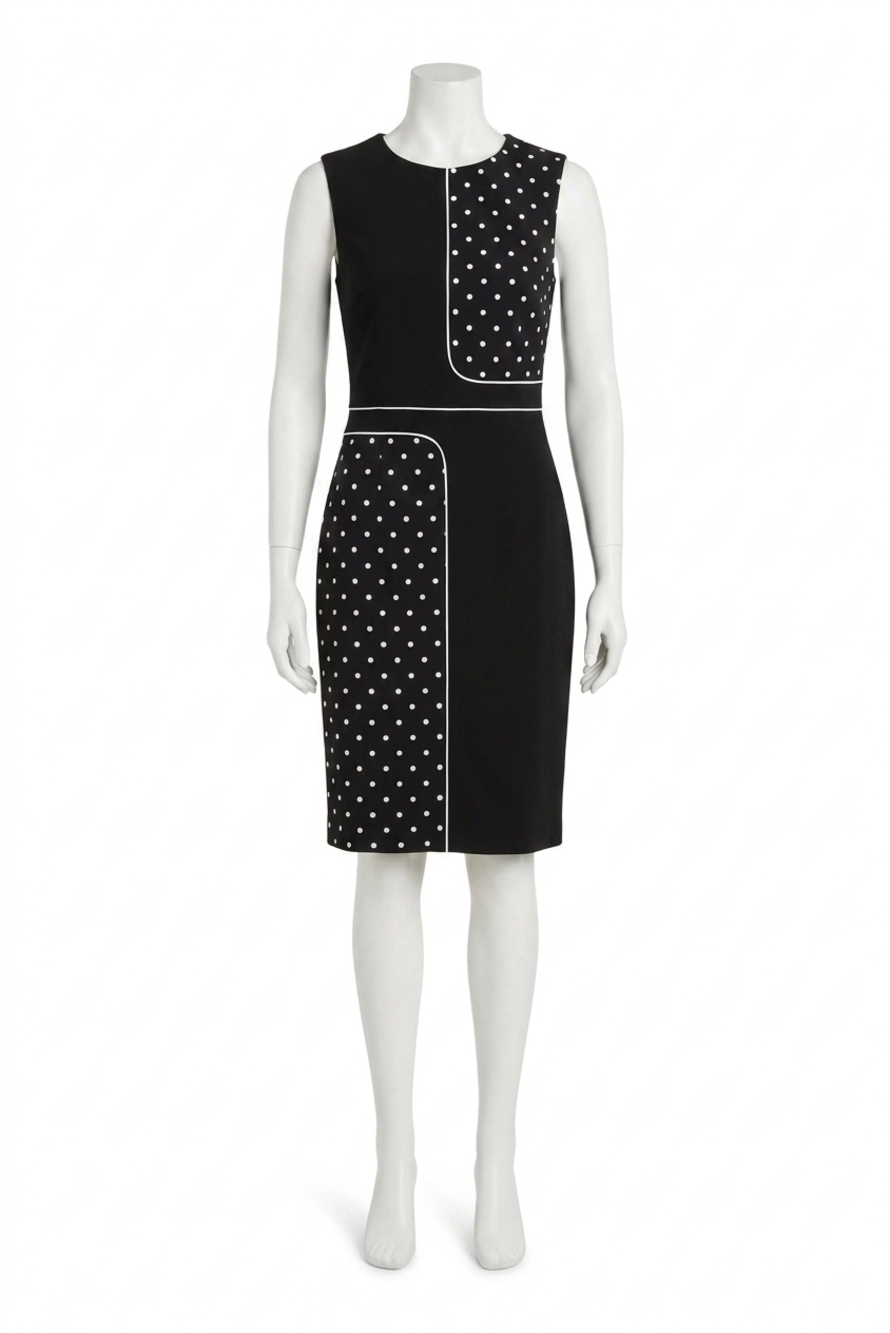 NEW JOSEPH RIBKOFF silky knit dot print sleeveless sheath dress in black/vanilla